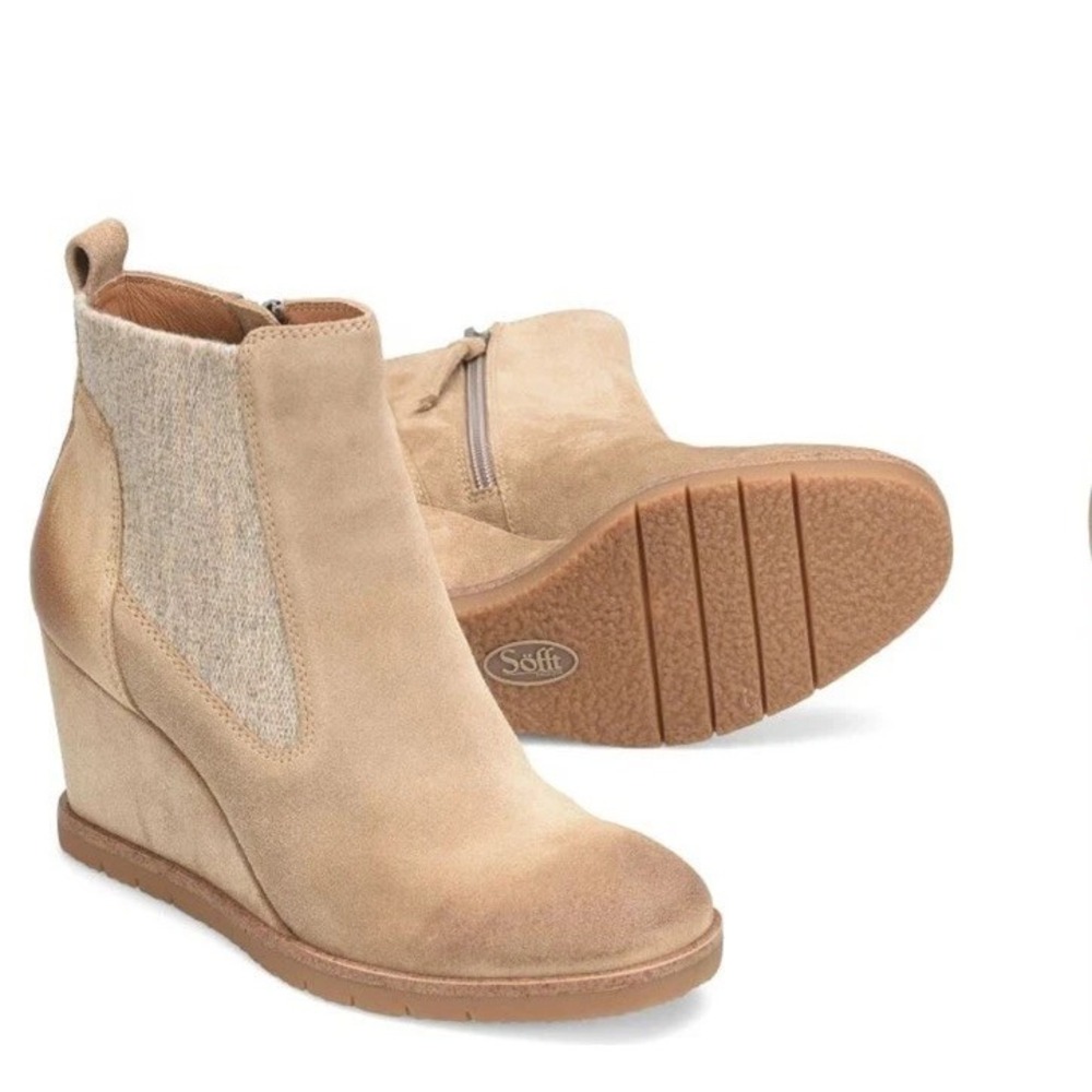 Sofft Women's Monica Wedge Booties Sz 8 M‎ Barley Suede Tan Side Zip Ankle